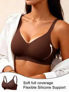 SHEIN 1pc Women's Minimalist Comfortable Seamless Jelly Glue Wireless Bra With Removable Padding - Coffee Brown - View 7
