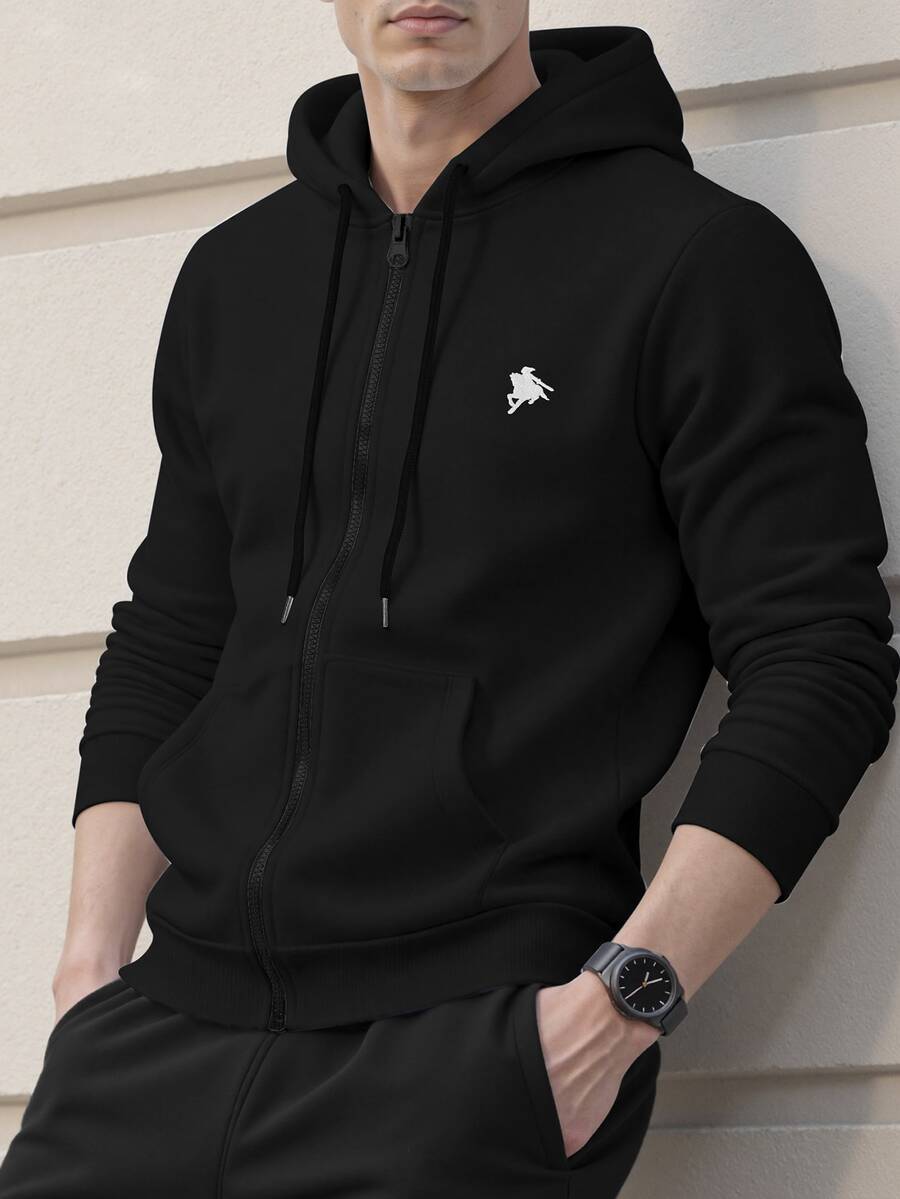 Manfinity Homme Men Fashionable Casual Solid Color Hoodie, Fall, Long Sleeve Top - Black - View 1