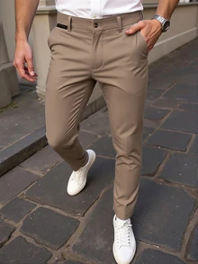Manfinity Mode Men's Solid Color Casual Commute Suit Pants With Pockets - Khaki - View 5