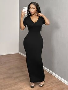 SHEIN SXY 女士纯色 V 领紧身短袖连衣裙 Hoco Dresses - 黑色 - 查看 10