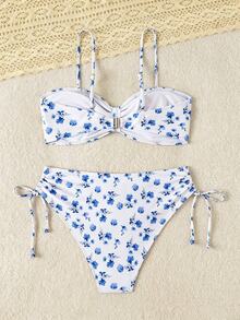 Swim Lushoire 女款黃藍花卉印花平口比基尼套裝 義大利麵細肩帶 前蝴蝶結 高腰側抽繩 2件式泳衣 適合海灘度假 - 藍白色 - 查看 5