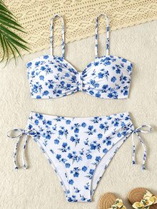 Swim Lushoire 女款黃藍花卉印花平口比基尼套裝 義大利麵細肩帶 前蝴蝶結 高腰側抽繩 2件式泳衣 適合海灘度假 - 藍白色 - 查看 3