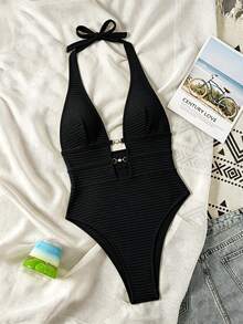 SHEIN Swim Springbreak Swim SXY 女款黃色羅紋提花面料鏤空深背V領掛脖高衩連身泳衣，性感休閒海灘度假、泳池派對、溫泉、海灘穿搭、波希米亞風節慶 - 黑色 - 查看 6