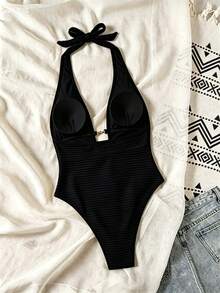SHEIN Swim Springbreak Swim SXY 女款黃色羅紋提花面料鏤空深背V領掛脖高衩連身泳衣，性感休閒海灘度假、泳池派對、溫泉、海灘穿搭、波希米亞風節慶 - 黑色 - 查看 3
