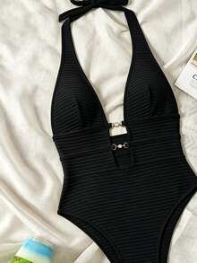 SHEIN Swim Springbreak Swim SXY 女款黃色羅紋提花面料鏤空深背V領掛脖高衩連身泳衣，性感休閒海灘度假、泳池派對、溫泉、海灘穿搭、波希米亞風節慶 - 黑色 - 查看 5
