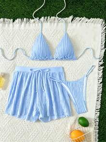 SHEIN Swim Swim SXY 夏季檸檬黃 3 件式比基尼套裝，抓皺紋理布料，三角掛脖綁帶露背上衣附抽繩，寬鬆短褲與丁字褲底，性感甜美女孩風，女性度假派對沙灘穿搭，兩件式泳衣 - 藍色 - 查看 6