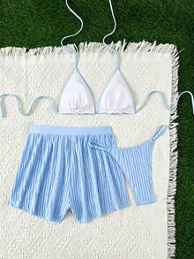 SHEIN Swim Swim SXY 夏季檸檬黃 3 件式比基尼套裝，抓皺紋理布料，三角掛脖綁帶露背上衣附抽繩，寬鬆短褲與丁字褲底，性感甜美女孩風，女性度假派對沙灘穿搭，兩件式泳衣 - 藍色 - 查看 3