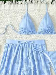 SHEIN Swim Swim SXY 夏季檸檬黃 3 件式比基尼套裝，抓皺紋理布料，三角掛脖綁帶露背上衣附抽繩，寬鬆短褲與丁字褲底，性感甜美女孩風，女性度假派對沙灘穿搭，兩件式泳衣 - 藍色 - 查看 5