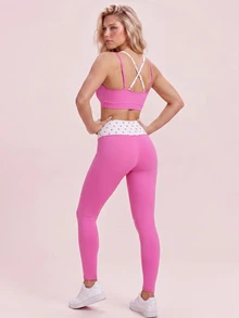 Sovereign Charm Women's Polka Dot Patchwork Camisole & Leggings Sports Set - Hot Pink - View 2