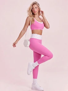 Sovereign Charm Women's Polka Dot Patchwork Camisole & Leggings Sports Set - Hot Pink - View 3