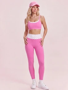 Sovereign Charm Women's Polka Dot Patchwork Camisole & Leggings Sports Set - Hot Pink - View 4