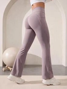Eassivo Eassivo Women's Gray Solid Color Pocket Flare Leggings Yoga Fitness Pants - Grey - View 1