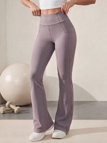 Eassivo Eassivo Women's Gray Solid Color Pocket Flare Leggings Yoga Fitness Pants - Grey - View 4