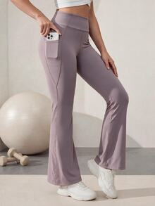 Eassivo Eassivo Women's Gray Solid Color Pocket Flare Leggings Yoga Fitness Pants - Grey - View 2