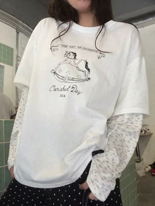 Dazy Plus Pattern Printed Contrast Lace Sleeve Layered Casual Korean Style White T-Shirt For Girls Graphic Tees - White - View 1