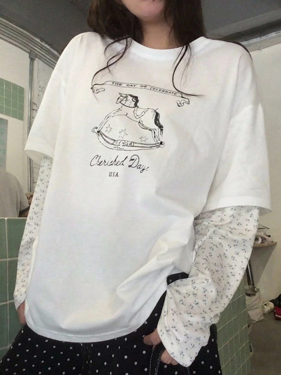 Dazy Plus Pattern Printed Contrast Lace Sleeve Layered Casual Korean Style White T-Shirt For Girls Graphic Tees - White - View 1