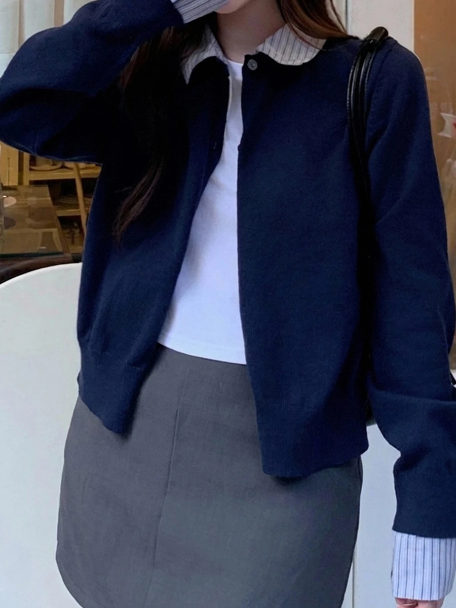 Dazy Plus Colorblock Patchwork Shirt Collar Fashion Casual Cardigan Sweater, Plus Size Women's Open Front Knitwear For Autumn/Winter - Navy Blue - View 1