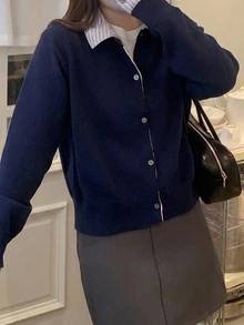 Dazy Plus Colorblock Patchwork Shirt Collar Fashion Casual Cardigan Sweater, Plus Size Women's Open Front Knitwear For Autumn/Winter - Navy Blue - View 4