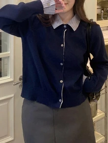 Dazy Plus Colorblock Patchwork Shirt Collar Fashion Casual Cardigan Sweater, Plus Size Women's Open Front Knitwear For Autumn/Winter - Navy Blue - View 6