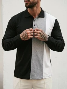 DAZY Men's Vertical Striped Colorblock Long Sleeve Polo Shirt, Turn-Down Collar 3-Button Casual Top - Multicolor - View 5