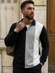 DAZY Men's Vertical Striped Colorblock Long Sleeve Polo Shirt, Turn-Down Collar 3-Button Casual Top - Multicolor - View 4