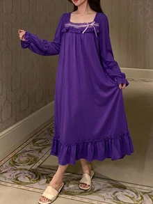 DAZY Women's Lace Patchwork Pleated Casual Daily Home Sleep Dress - Purple - View 4