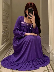 DAZY Women's Lace Patchwork Pleated Casual Daily Home Sleep Dress - Purple - View 1