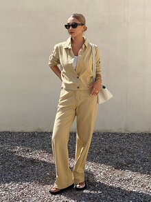 Livesso 女款棉質領口長袖卡其綠純色鈕扣大口袋寬鬆短版牛仔外套配褲子牛仔套裝，秋季日常休閒 - 卡其色 - 查看 6