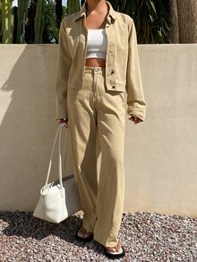 Livesso 女款棉質領口長袖卡其綠純色鈕扣大口袋寬鬆短版牛仔外套配褲子牛仔套裝，秋季日常休閒 - 卡其色 - 查看 3