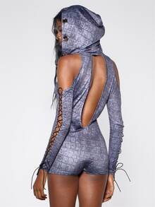 MUSERA Grey Print Eyelet Detail Playsuit Unitard Fall Winter Halloween Sexy Going Out Y2k - Black - View 4