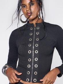 MUSERA Jaket Hitam Kerah Tinggi Lengan Panjang dengan Detail Lubang Kancing untuk Musim Gugur Musim Dingin Halloween Seksi untuk Acara Keluar Rumah Gaya Y2k - Hitam - View 5