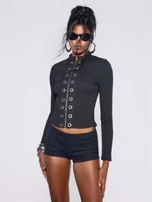 MUSERA Jaket Hitam Kerah Tinggi Lengan Panjang dengan Detail Lubang Kancing untuk Musim Gugur Musim Dingin Halloween Seksi untuk Acara Keluar Rumah Gaya Y2k - Hitam - View 2