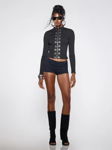 MUSERA Jaket Hitam Kerah Tinggi Lengan Panjang dengan Detail Lubang Kancing untuk Musim Gugur Musim Dingin Halloween Seksi untuk Acara Keluar Rumah Gaya Y2k - Hitam - View 1