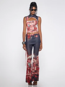 MUSERA Red Contrast Mesh High Neck Detail Top Fall Winter Halloween Sexy Going Out Y2k - Multicolor - View 1