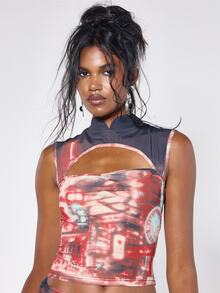 MUSERA Red Contrast Mesh High Neck Detail Top Fall Winter Halloween Sexy Going Out Y2k - Multicolor - View 5