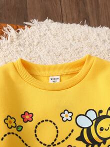 Kids Young Girl Casual Energetic Yellow Bee Pattern Sweatshirt & Leggings Set,Autumn Outfit,Fall Outfits - Yellow - View 4