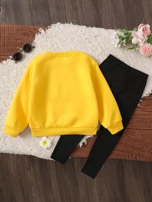 Kids Young Girl Casual Energetic Yellow Bee Pattern Sweatshirt & Leggings Set,Autumn Outfit,Fall Outfits - Yellow - View 2