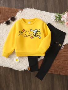 Kids Young Girl Casual Energetic Yellow Bee Pattern Sweatshirt & Leggings Set,Autumn Outfit,Fall Outfits - Yellow - View 6