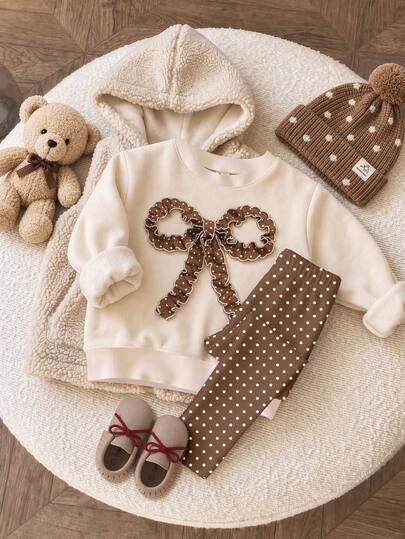 SHEIN Cute Fashion 3D Wavy Edge Bow Pattern, Baby Girl Casual Soft Comfortable Loose Crew Neck Pullover Sweatshirt & Thick Polka Dot Leggings 2-Piece Set, Suitable For Autumn/Winter Daily, School, Outings, Halloween, Christmas, Fall Season, Girly Style