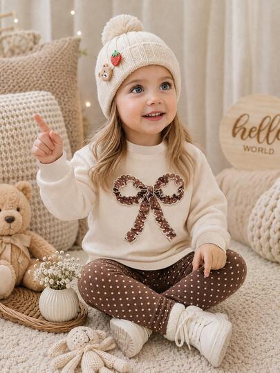SHEIN Cute Fashion 3D Wavy Edge Bow Pattern, Baby Girl Casual Soft Comfortable Loose Crew Neck Pullover Sweatshirt & Thick Polka Dot Leggings 2-Piece Set, Suitable For Autumn/Winter Daily, School, Outings, Halloween, Christmas, Fall Season, Girly Style