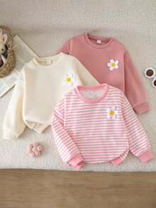 SHEIN 女童小女孩 3D 花朵裝飾圓領長袖休閒秋季運動衫 - 彩色 - 查看 4
