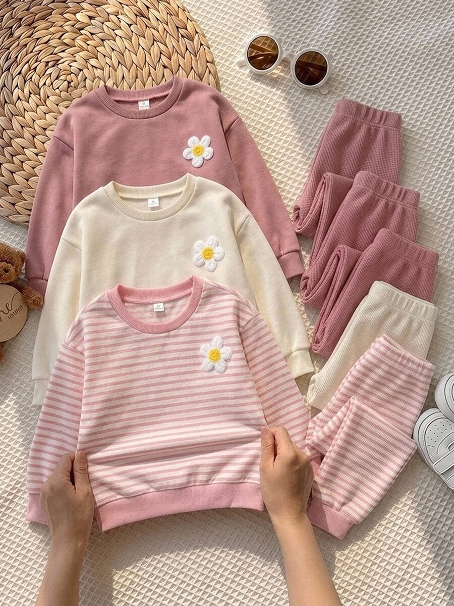 SHEIN 女童小女孩 3D 花朵裝飾圓領長袖休閒秋季運動衫 - 彩色 - 查看 1