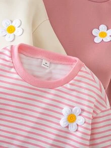 SHEIN 女童小女孩 3D 花朵裝飾圓領長袖休閒秋季運動衫 - 彩色 - 查看 5