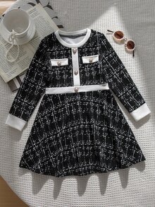 SHEIN 女童優雅格紋洋裝，適合秋季 - 黑與白 - 查看 6