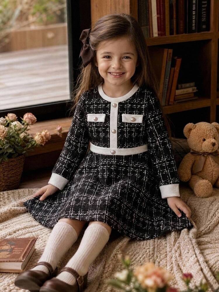 SHEIN Kids Young Girl Elegant Plaid Dress For Autumn - Black and White - View 3