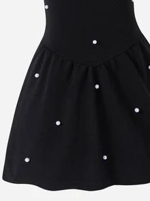 SHEIN Kids Young Girl Knit Solid Color Beaded Casual Halter Neck A-Line Dress - Black - View 7