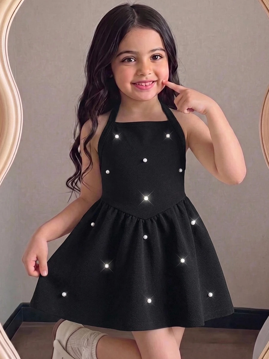 SHEIN Kids Young Girl Knit Solid Color Beaded Casual Halter Neck A-Line Dress