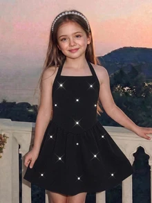 SHEIN Kids Young Girl Knit Solid Color Beaded Casual Halter Neck A-Line Dress - Black - View 4