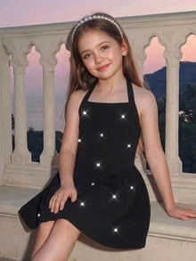 SHEIN Kids Young Girl Knit Solid Color Beaded Casual Halter Neck A-Line Dress - Black - View 3