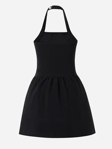 SHEIN Kids Young Girl Knit Solid Color Beaded Casual Halter Neck A-Line Dress - Black - View 6